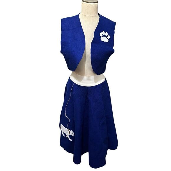Vintage Handmade Womens Blue Felt Poodle Cat Skirt and Vest Set Retro Sz Medium - Picture 1 of 15